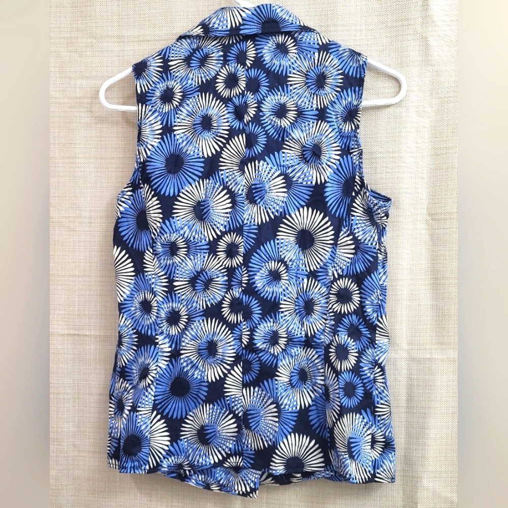 Elliott Lauren Navy Blue‎ White Floral Sleeveless Optional Tie Blouse Size 8 - Picture 3 of 8